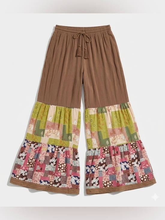 easel Pants - Easel Boho Patchwork Palazzo Wide Leg Pants Size Small Brown Multi NWT